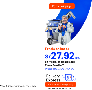 Por todo el tiempo que quieras Precio actual S/34.90* c/u Solicítalo online a: S/ 27.92 c/u x 3 meses, en planes Entel Power Familiar**